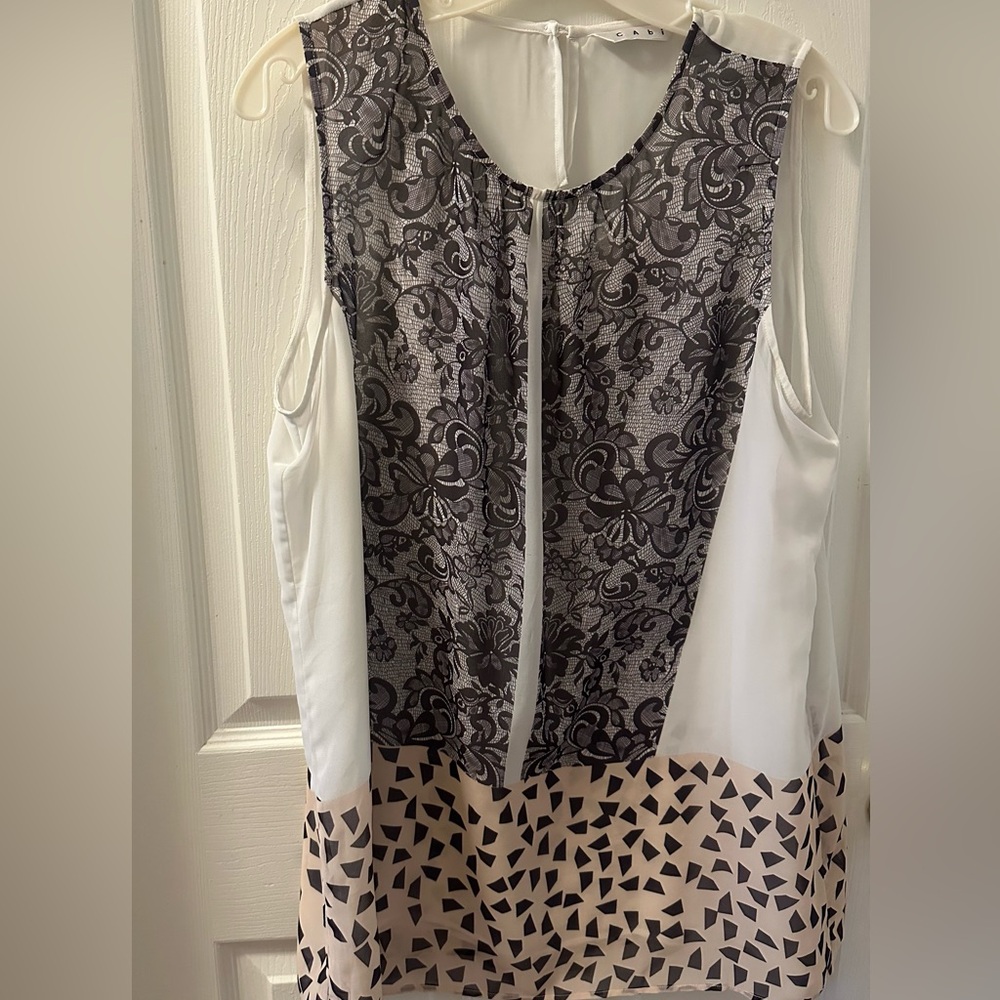 CAbi Black Lace and White Geometric Blouse #938 Cream Rosewater Lady Like Tunic
